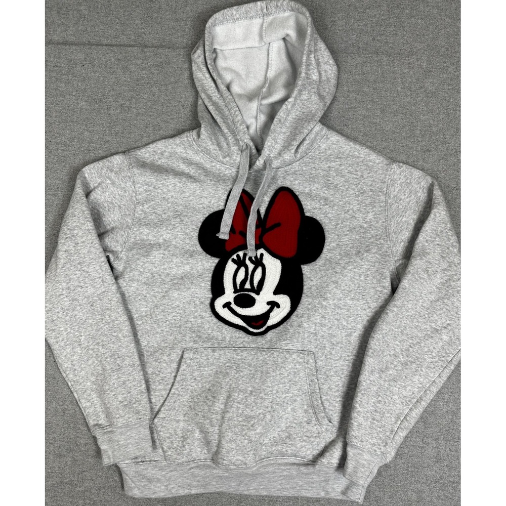 Disney Minnie Mouse Textured Hoodie Women Small Heather Grey Chenille Patch